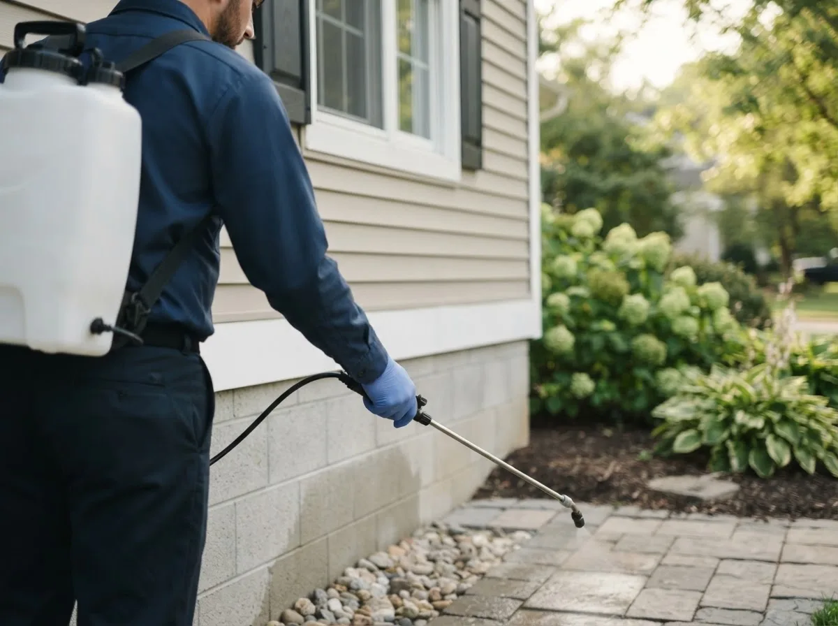 Pest control technician inspecting a home in Galva, KS